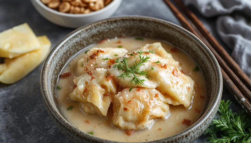 Eine Schale mit cremigen Erdnussbutter-Udon-Nudeln, garniert mit gehackten Erdnüssen, Frühlingszwiebeln und Chili, auf einem weißen Teller präsentiert, die Nudeln sind schön glitschig und glänzend mit einer sahnigen Erdnusssauce.