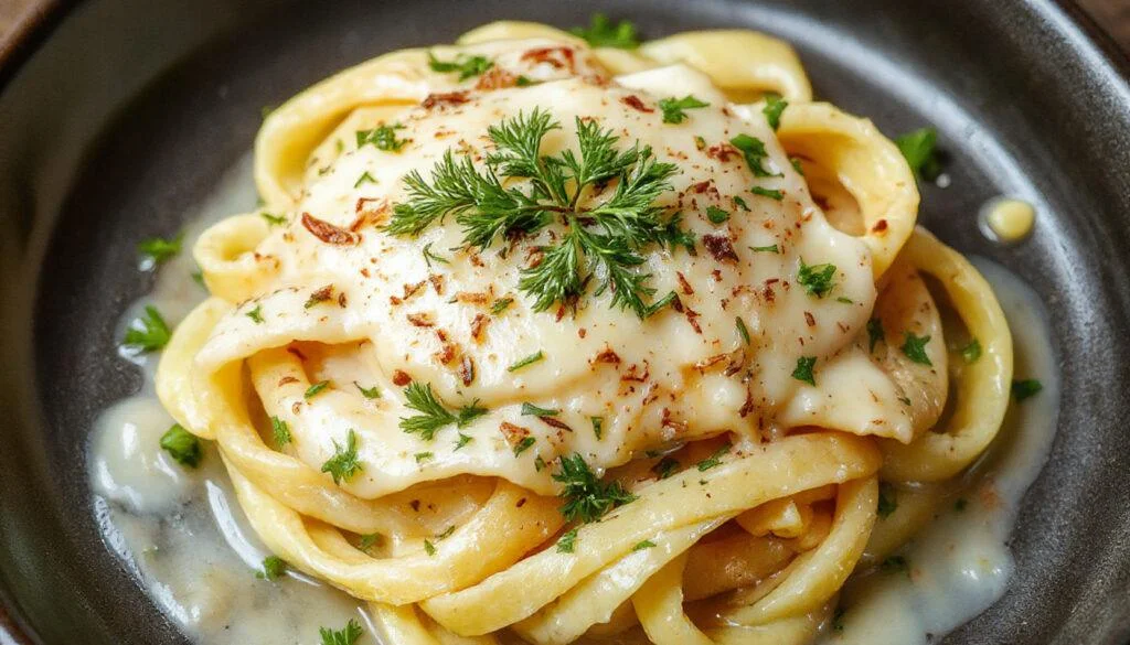Ein cremiges Pasta-Gericht auf einem weißen Teller, bestückt mit zarten Stücken Hähnchenfleisch, frischem grünen Spinat und einer sahnigen Frischkäse-Sauce, garniert mit frisch geriebenem Parmesan und Basilikum. Das Gericht ist elegant angerichtet, die Pasta ist schön al dente, und die cremige Sauce sieht samtig und verlockend aus.