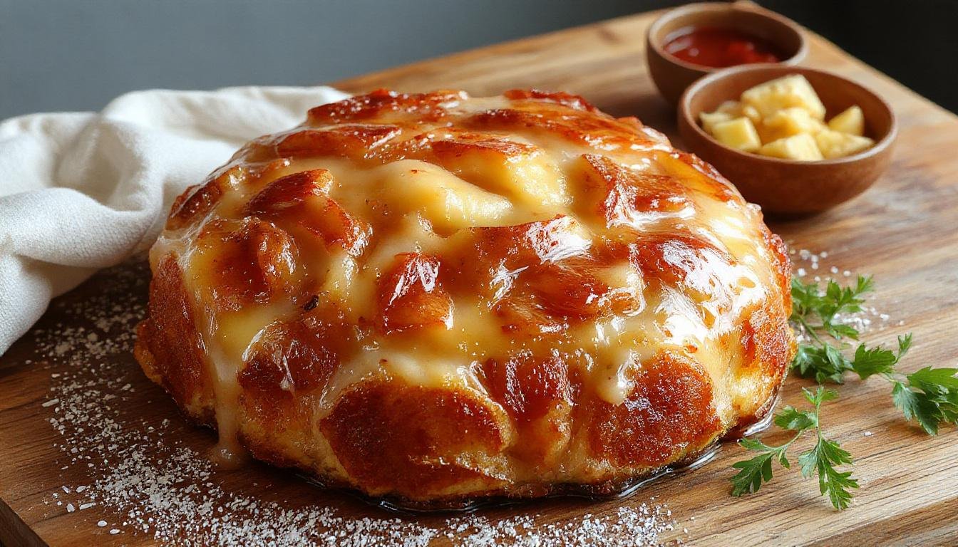 Eine cremige Honig-Senf-Hähnchenpfanne auf einem weißen Teller, garnierte mit frischer Petersilie. Das goldene Hähnchenfleisch ist umgeben von einer sämigen Soße, sichtbar sind Senf und Honig, mit einer leicht glänzenden Textur.