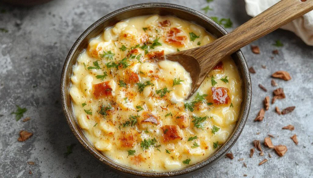 Bunte cremige Orzo-Pfanne in einer weißen, eleganten Servierschüssel, garniert mit frischen Kräutern, das zarte Hähnchen ist in kleinen Stückchen sichtbar und die Konsistenz der Pasta erscheint cremig und ansprechend.