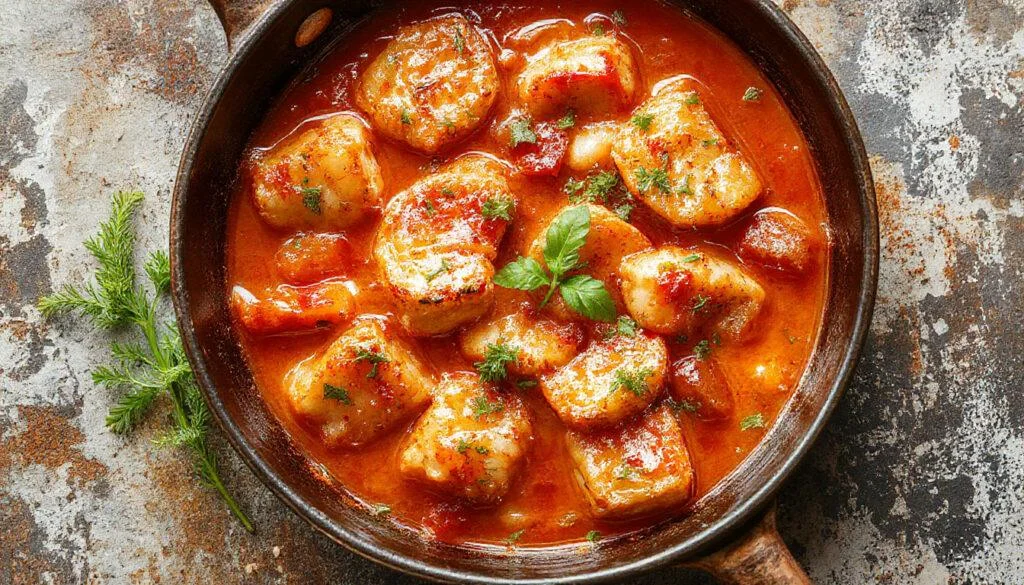 Bunte cremige Paprika-Hähnchen-Pfanne in einer weißen Schüssel, mit roten, grünen und gelben Paprikastreifen, zart angebratenes Hähnchenfleisch und dampfender Reis im Hintergrund.