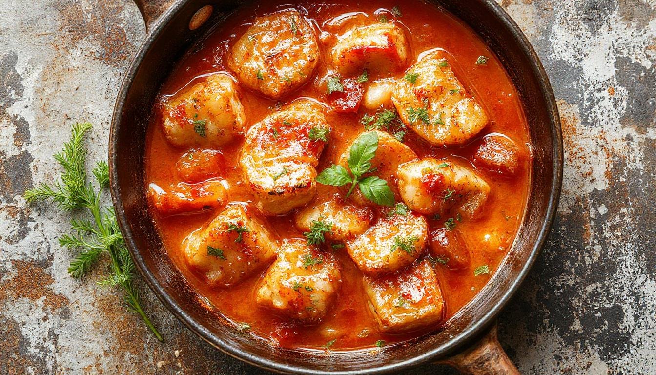 Bunte cremige Paprika-Hähnchen-Pfanne in einer weißen Schüssel, mit roten, grünen und gelben Paprikastreifen, zart angebratenes Hähnchenfleisch und dampfender Reis im Hintergrund.