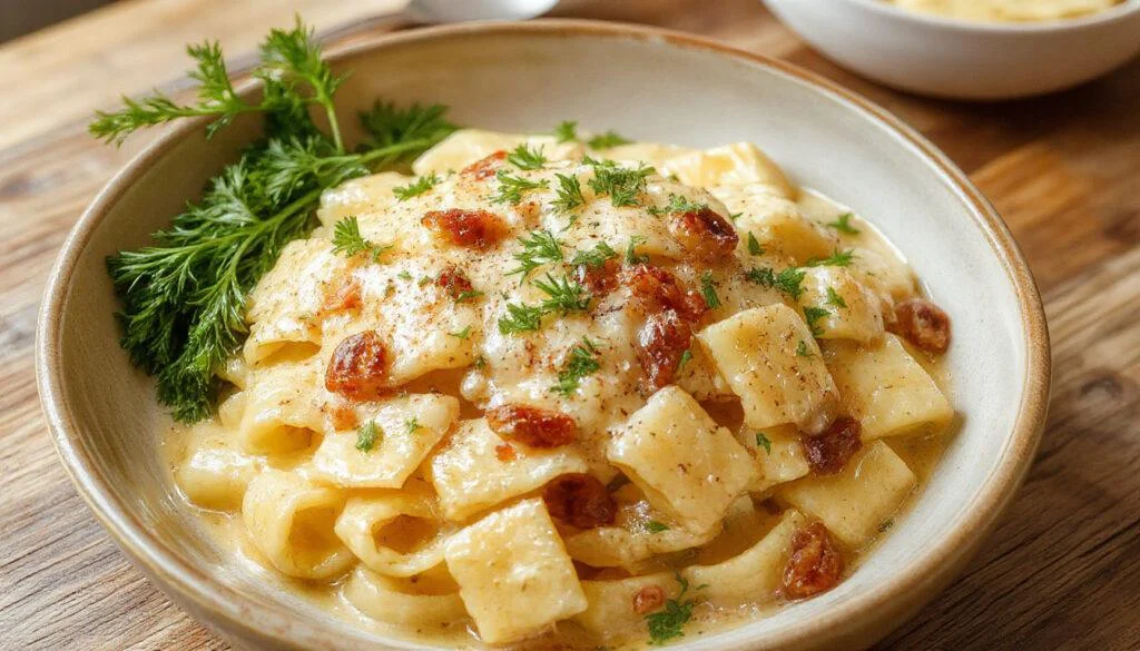 Eine cremige Pasta mit Garnelen, serviert in einer eleganten weißen Schüssel, garnieret mit frischer Petersilie und Parmesan, die Nudeln sind sämig und gut durchmischt, Garnelen goldbraun und saftig, die Präsentation ist stilvoll und einladend.