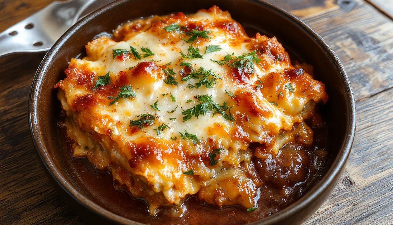 Eine cremige Spinat-Pilz-Lasagne auf einem weißen Teller, sichtbar geschichtet mit goldbraun gebackenem Käse oben, frischer Spinat und Pilze in der Füllung, serviert mit einem Zweig frischer Kräuter