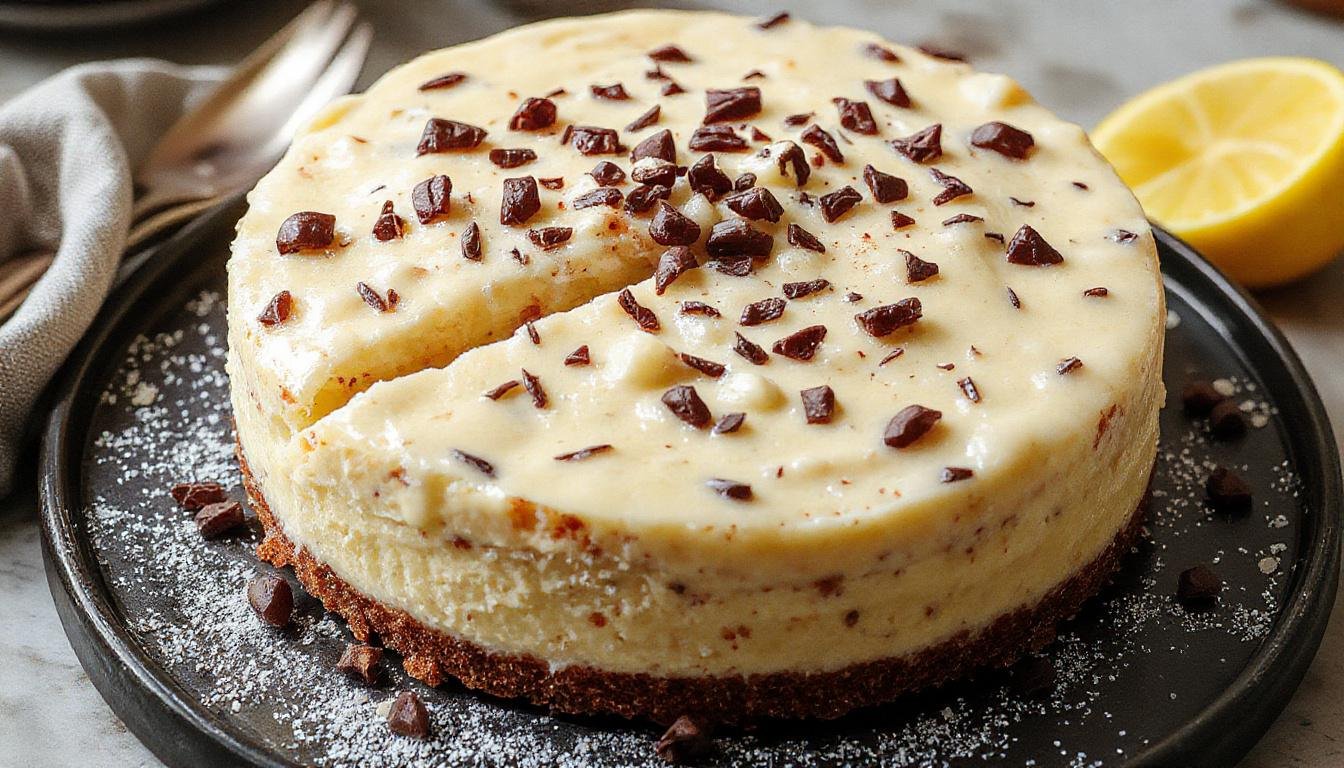 Eine cremige, weiße Stracciatella-Torte ohne Backen, kunstvoll glasiert und mit dunklen Schokostückchen verziert, auf einem eleganten schwarzen Teller präsentiert