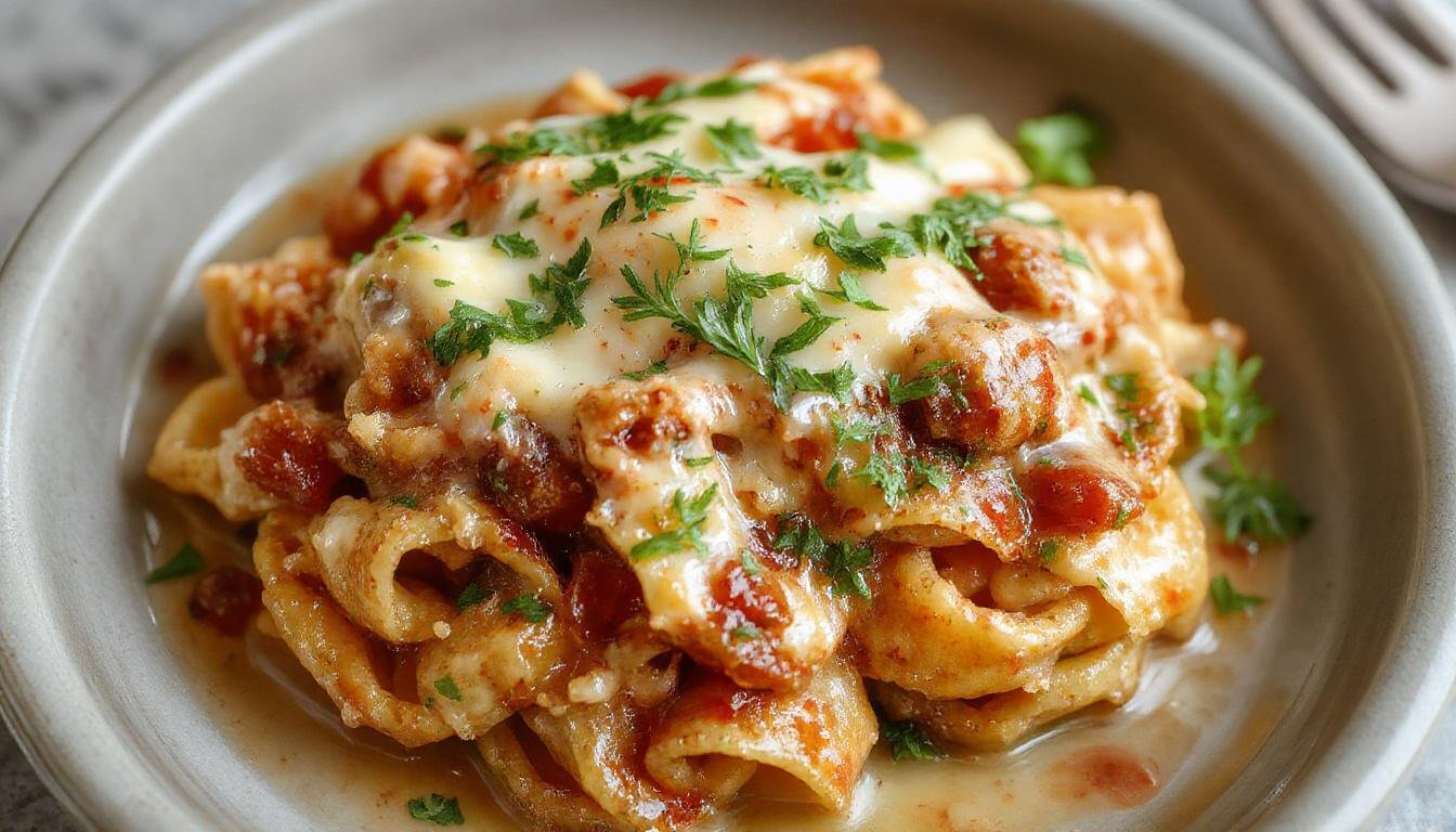 Eine cremige Taco-Pasta mit Makkaroni, serviert in einer weißen Schüssel. Die Pasta ist mit einer goldbraunen Käsekruste bedeckt, mit gehacktem Salat, Tomaten und saftigen Taco-Gewürzen garniert. Die Textur wirkt cremig und samtig, mit leichten Röstnoten an der Oberfläche, präsentiert auf einem rustikalen Holztisch mit frischen Zutaten im Hintergrund.