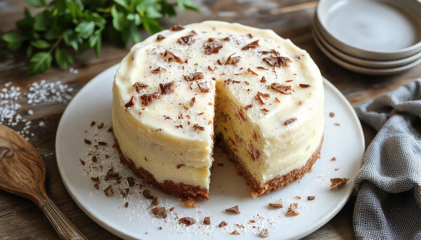 Eine elegante weiße Torte mit cremiger Oberfläche, dekoriert mit zarten weißen Schokoladenstückchen und einem glänzenden Glanz, präsentiert auf einer stilvollen Glasplatte.