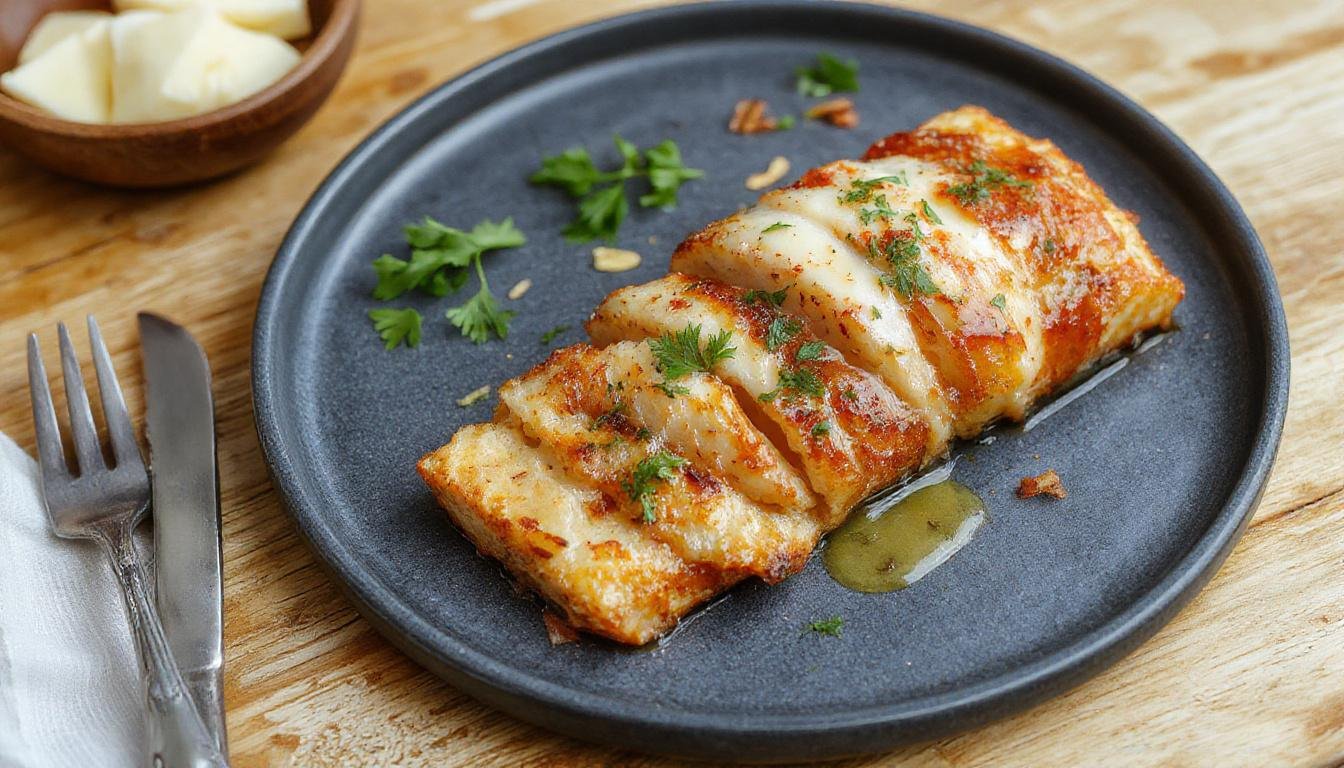 Ein cremiger Brokkoli-Hähnchen-Auflauf in einer eleganten weißen Auflaufform, oben leicht gebräunt mit goldbraunen Käsestückchen, grüner Brokkoli, zarte Hähnchenstücke und eine sahnige, glatte Frischkäse-Schicht sichtbar.