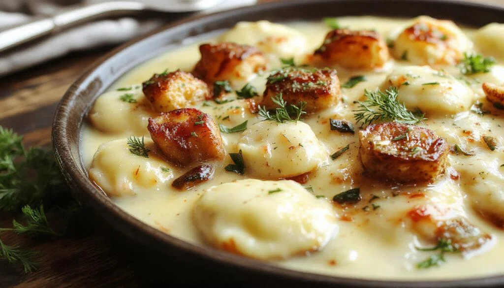 Ein cremiger Gnocchi-Topf in einer weißen Schüssel, mit goldbraun angebratenen Hähnchenstücken, grünen Kräutern und einer sahnigen Soße, serviert auf einem rustikalen Holztisch.