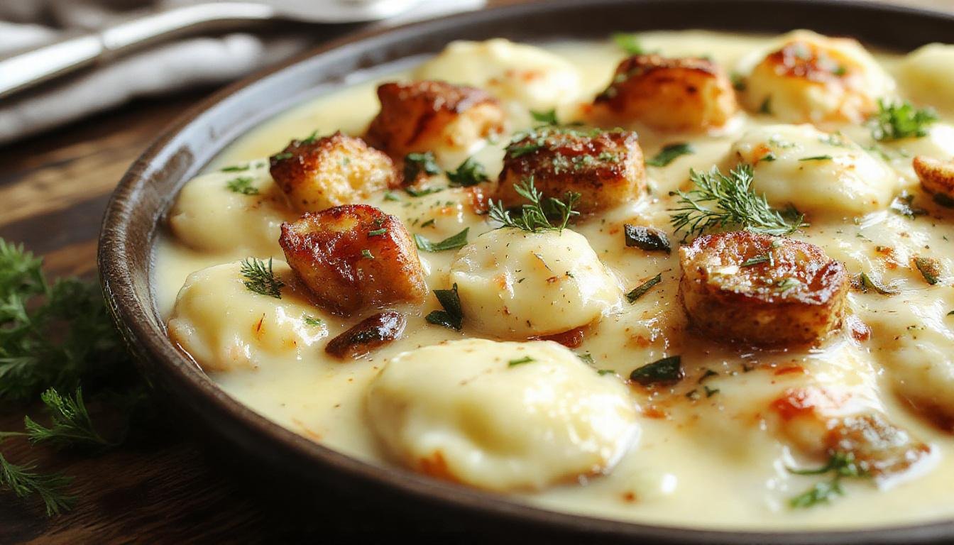 Ein cremiger Gnocchi-Topf in einer weißen Schüssel, mit goldbraun angebratenen Hähnchenstücken, grünen Kräutern und einer sahnigen Soße, serviert auf einem rustikalen Holztisch.