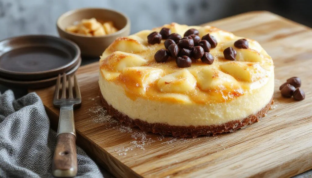 Ein cremiger Lotus-Cheesecake ohne Backen, präsentiert auf einem eleganten weißen Teller. Der Kuchen hat eine goldene Keksbasis, eine glatte Lotus-Creme-Schicht und verführerisch dekorierte Lotus-Blumen auf der Oberfläche. Die Textur wirkt samtig und reichhaltig, mit einem einladenden, goldbraunen Rand und einer zarten, hellgelben Creme, die durch die Dekorationen abgehoben wird.