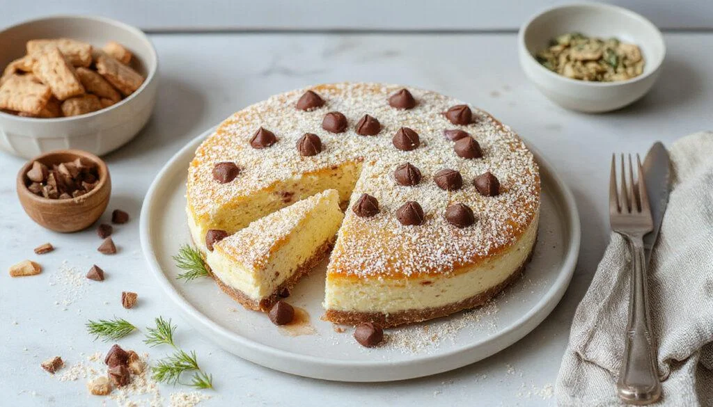 Ein cremiger Pistazien-Cheesecake ohne Backen, präsentiert auf einem eleganten Teller. Die Oberseite ist hellgrün mit fein gehackten Pistazien bestreut, die Textur ist seidig und glatt, mit einem knusprigen Kekskrümelboden sichtbar am Rand.