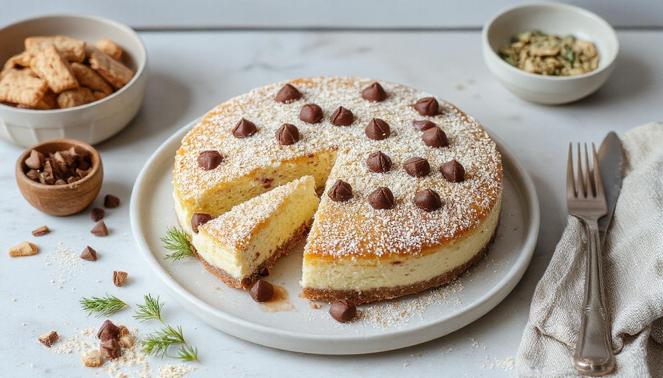 Ein cremiger Pistazien-Cheesecake ohne Backen, präsentiert auf einem eleganten Teller. Die Oberseite ist hellgrün mit fein gehackten Pistazien bestreut, die Textur ist seidig und glatt, mit einem knusprigen Kekskrümelboden sichtbar am Rand.