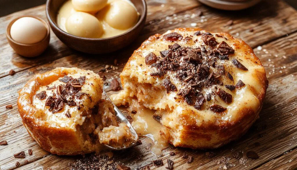 Ein cremiger Quark-Schneekuchen mit Pudding, dekoriert mit frischen Beeren und Minzblättern, auf einem eleganten Teller präsentiert, mit einer fein glatten Oberfläche und einer leichten Puderschicht darüber