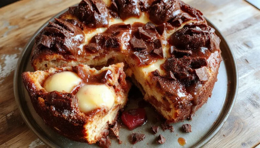 Ein cremiger Schoko-Kirsch-Käsekuchen mit einer glänzenden Schokoladenglasur, garniert mit frischen Kirschen und Schokoladenraspeln, auf einem eleganten Teller präsentiert.