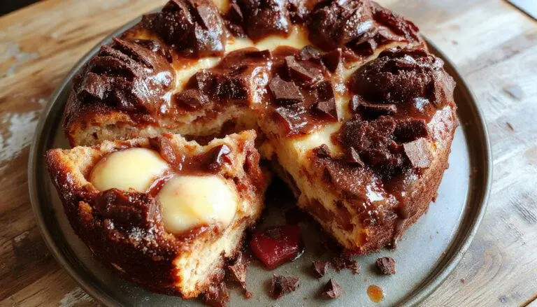 Ein cremiger Schoko-Kirsch-Käsekuchen mit einer glänzenden Schokoladenglasur, garniert mit frischen Kirschen und Schokoladenraspeln, auf einem eleganten Teller präsentiert.