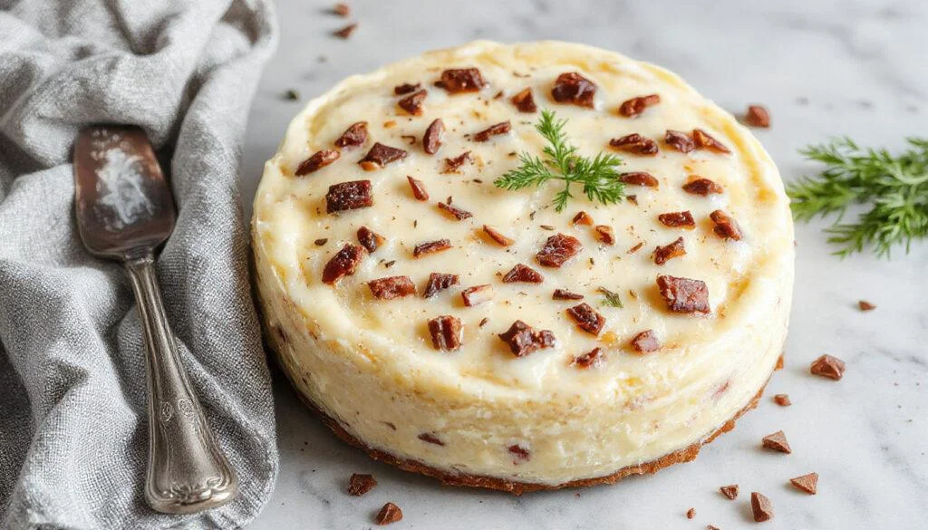 Ein cremiger Stracciatella-Kuchen präsentiert auf einem eleganten Teller. Die goldbraune Kruste ist sichtbar, während die cremige Füllung mit dunklen Schokoladenstückchen durchzogen ist. Der Kuchen ist mit einem leichten Puderzucker bestäubt und wirkt saftig und verlockend, perfekt für eine Kaffeezeit oder Dessertspezialität.
