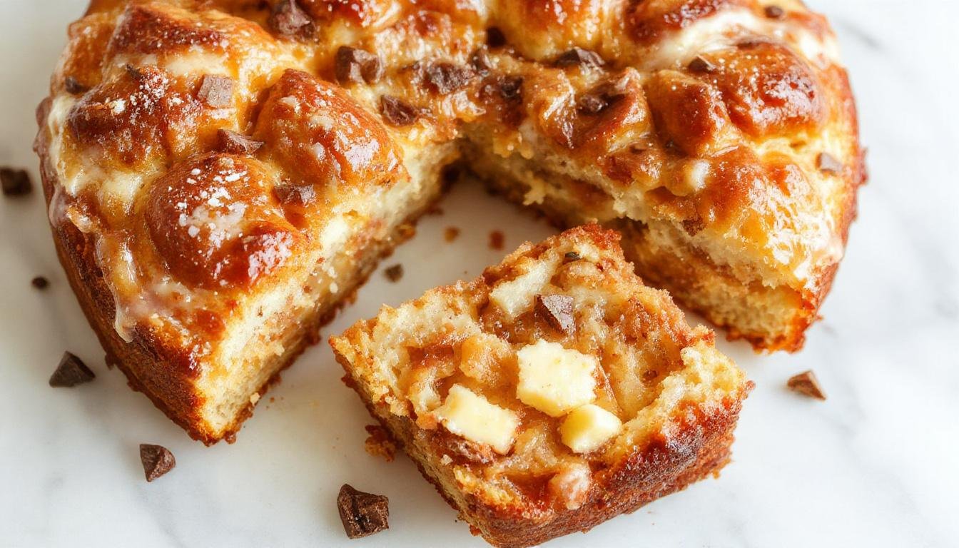 Ein cremiger Zimtschnecken-Cheesecake auf einem eleganten Teller, mit goldbraunen Zimtschnecken-Stückchen und einer cremigen Oberfläche, garniert mit Zimtstaub und einen Hauch Zuckerguss. Der Kuchen ist schön angerichtet mit einer zarten, glatten Textur und einem verführerischen Aussehen der Zimtfüllung sichtbar an den Seiten.