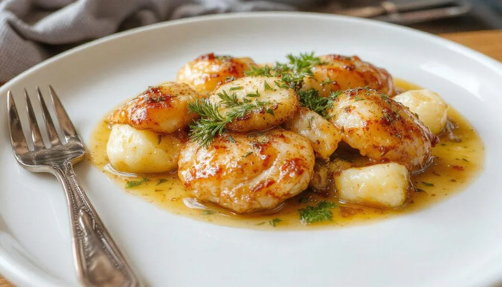 Ein saftiges, cremiges Hähnchenbrustfilet, das in einer reichhaltigen Frischkäsesauce auf einem weißen Teller angerichtet ist. Das Hähnchen ist goldbraun und zart, umgeben von einer glatten, weißen Sauce mit frischen Kräutern, die das Gericht ansprechend und appetitlich wirken lassen.