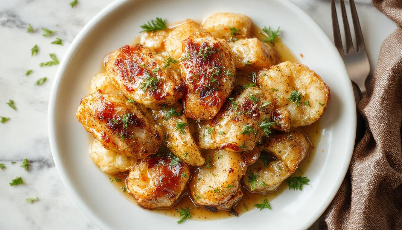 Eine cremige Hühnerpfanne mit zarten, goldbraunen Hühnerstücken, serviert auf einem weißen Teller, begleitet von fluffigem, dampfendem Reis und einer seidigen Sahnesoße, garniert mit frischer Petersilie. Das Gericht strahlt Wärme und Komfort aus, mit einer glatten, reichhaltigen Textur, die an einem einladenden, hausgemachten Essen erinnert.