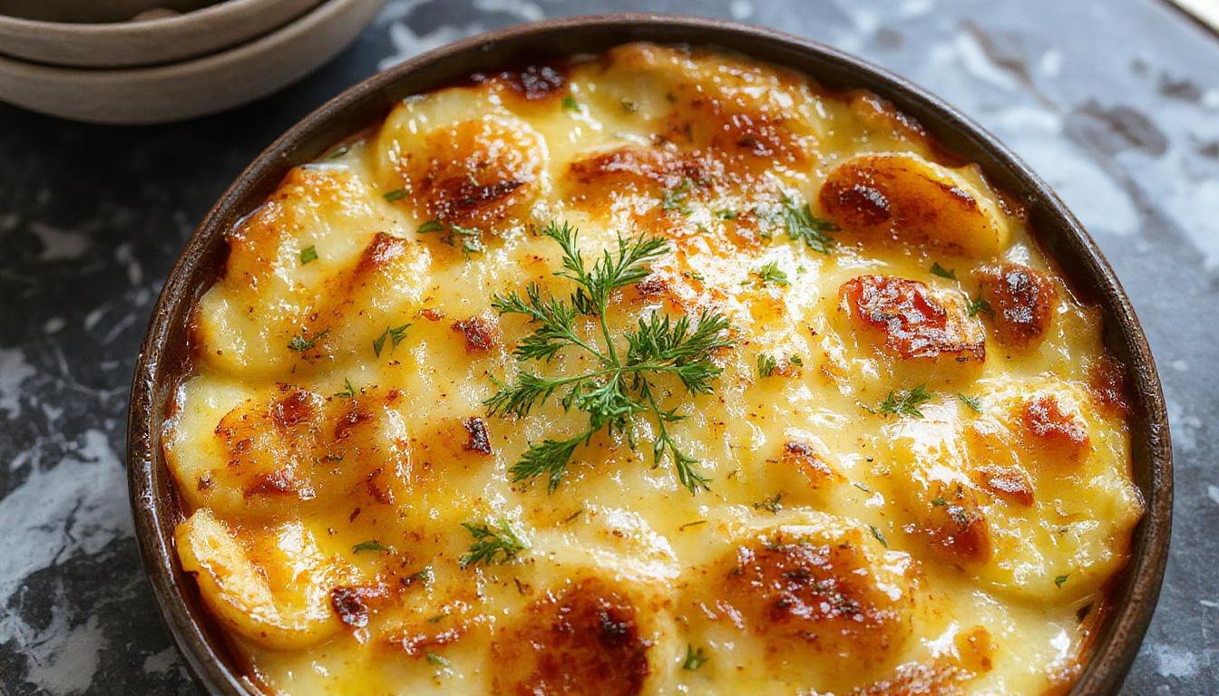 Eine goldbraune Schicht aus cremigem Kartoffel-Zucchini-Gratin in einer rechteckigen Auflaufform, mit zarten, dünn geschnittenen Kartoffeln und Zucchini, die an den Rändern leicht knusprig sind, garniert mit frisch gehacktem Schnittlauch und Parmesan, serviert auf einem eleganten weißen Teller.