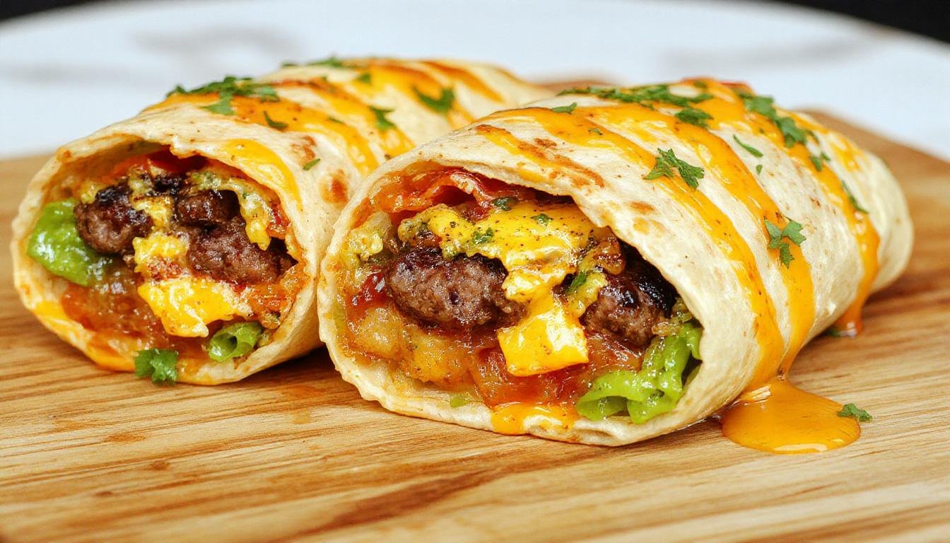 Ein Teller mit goldbraunen Cheeseburger-Wraps, die in der Mitte geöffnet sind und saftiges Hackfleisch, geschmolzenen Käse, frischen Salat und Tomatenscheiben zeigen. Das Gericht ist auf einem rustikalen Holzteller angerichtet, umgeben von weiteren Zutaten wie Käse und Gemüse. Das Brot ist knusprig und leicht gebräunt, der Käse schmilzt angenehm heraus. Die Präsentation wirkt einladend und herzhaft.