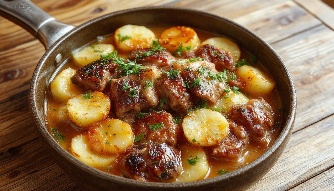Eine herzhafte Kartoffel-Hackfleisch-Pfanne in einer rustikalen Pfanne, mit goldbraunen, knusprigen Kartoffeln und saftigem Hackfleisch, garniert mit frischen Kräutern, serviert auf einem Holzbrett.