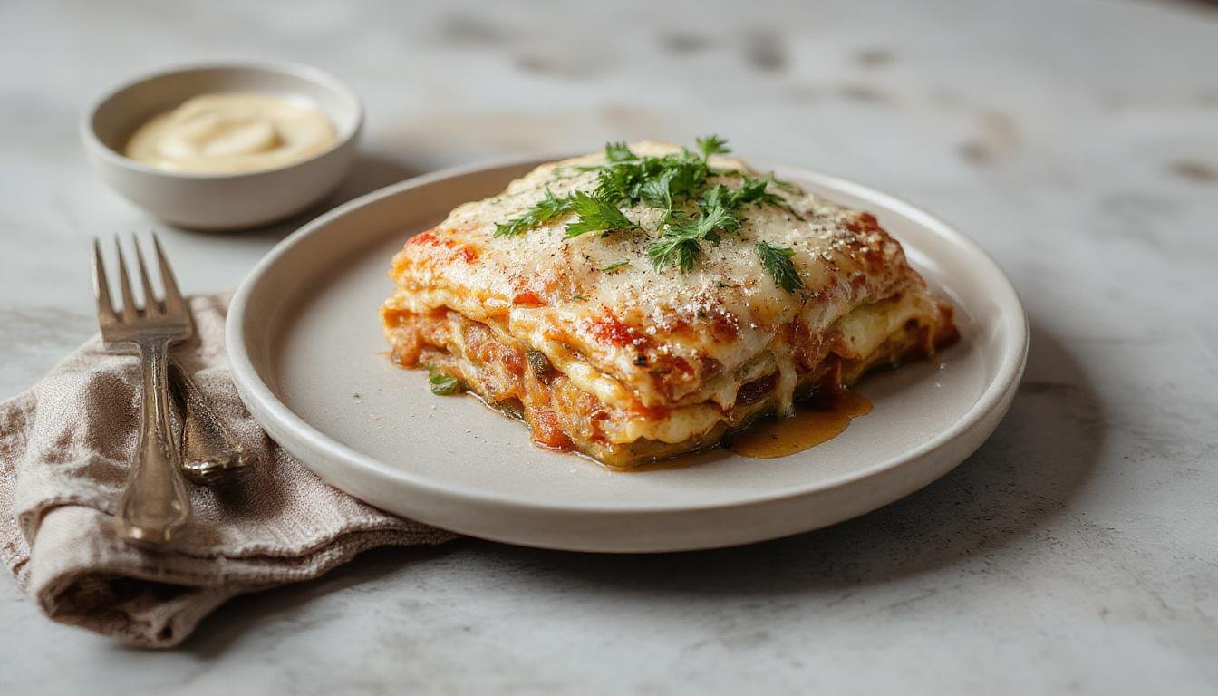 Eine herzhafte Lasagnesuppe in einer tiefen, eleganten Schüssel, mit goldbraunem Käse, Tomatensauce, Nudeln und frischen Kräutern, die dampfend serviert wird
