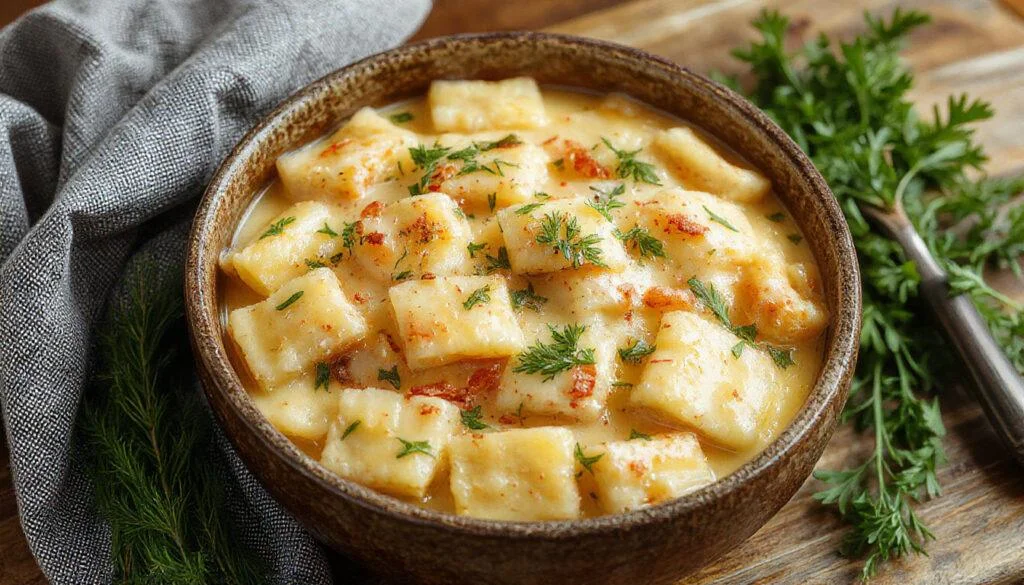 Ein Teller mit kräftigen Cowboy-Nudeln, die in einem rustikalen Tonkrug angerichtet sind. Die Nudeln sind goldbraun, mit saftigen Fleischstücken, Paprika, Tomaten und frischen Kräutern dekoriert. Im Hintergrund sieht man eine rustikale Holzplatte und some frische Zutaten wie Paprika und Tomaten, die den herzhaften Eindruck verstärken.