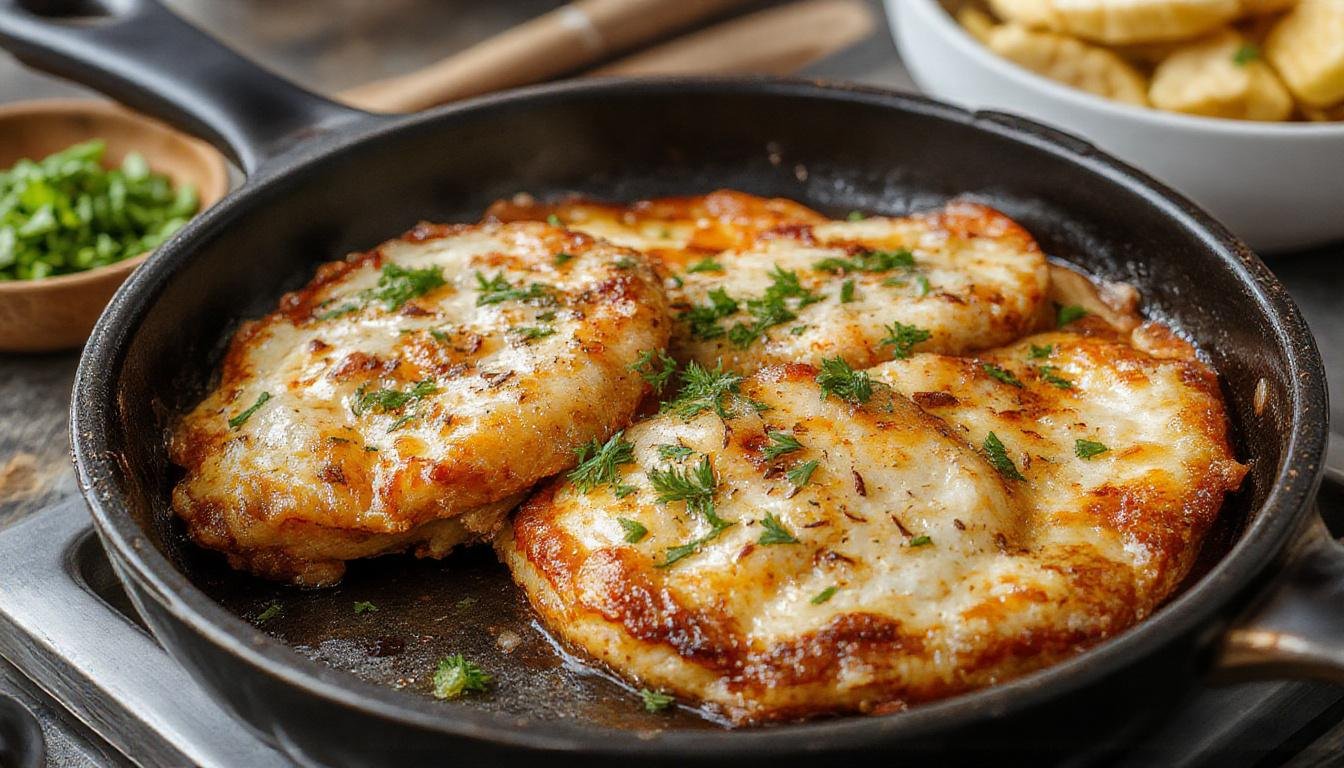 Eine große weiße Keramikpfanne mit goldbraun gebratenen Schnitzeln, umgeben von buntem Gemüse wie Paprika, Zwiebeln und Pilzen, serviert auf einem rustikalen Holztisch.