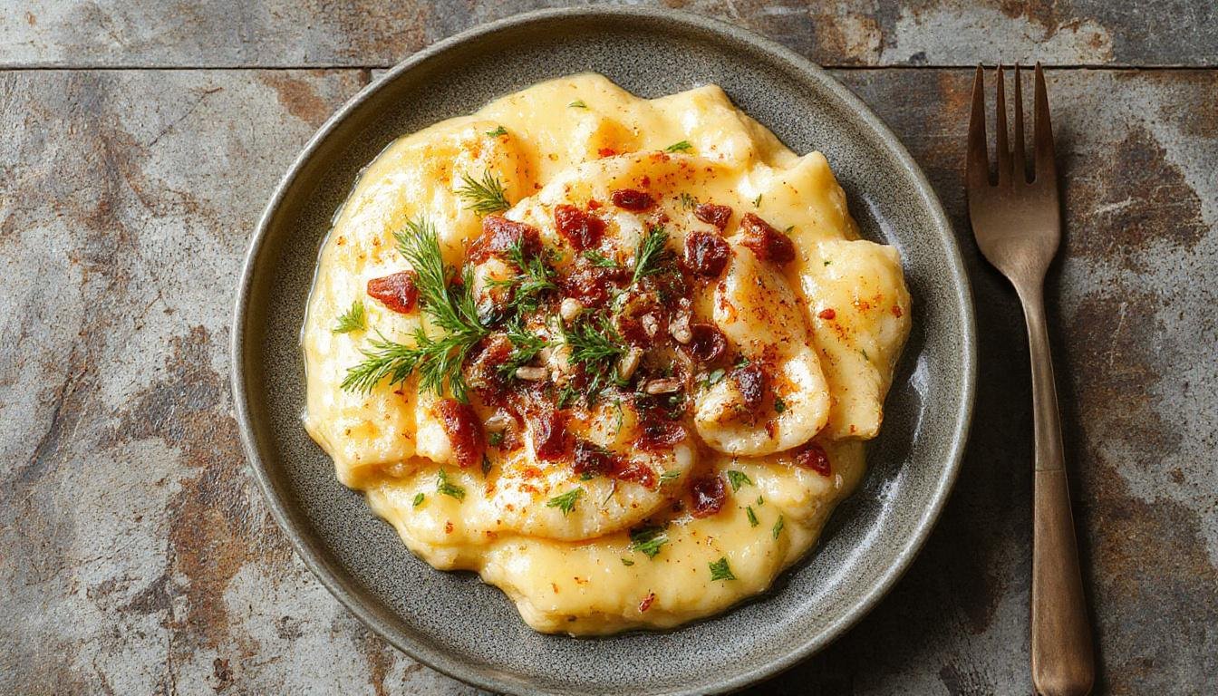 Ein goldbrauner Kartoffelauflauf mit knuspriger Oberfläche, darin streifen von Speck, geschmolzener Käse und cremige Carbonarasauce sichtbar, serviert in einer weißen Reine mit frischen Kräutern als Garnitur.