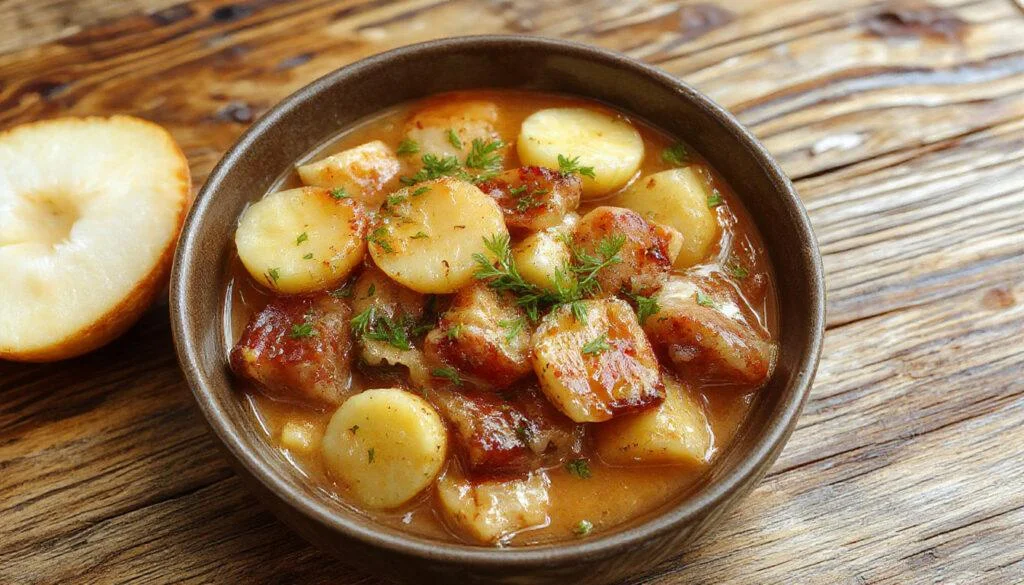 Ein ofengebackener Kartoffel-Hack-Auflauf in einer rechteckigen Auflaufform, goldbraun und knusprig an den Rändern, mit geschmolzenem Käse und zarten Kartoffelscheiben, garniert mit frischer Petersilie, präsentiert auf einem rustikalen Holztisch.