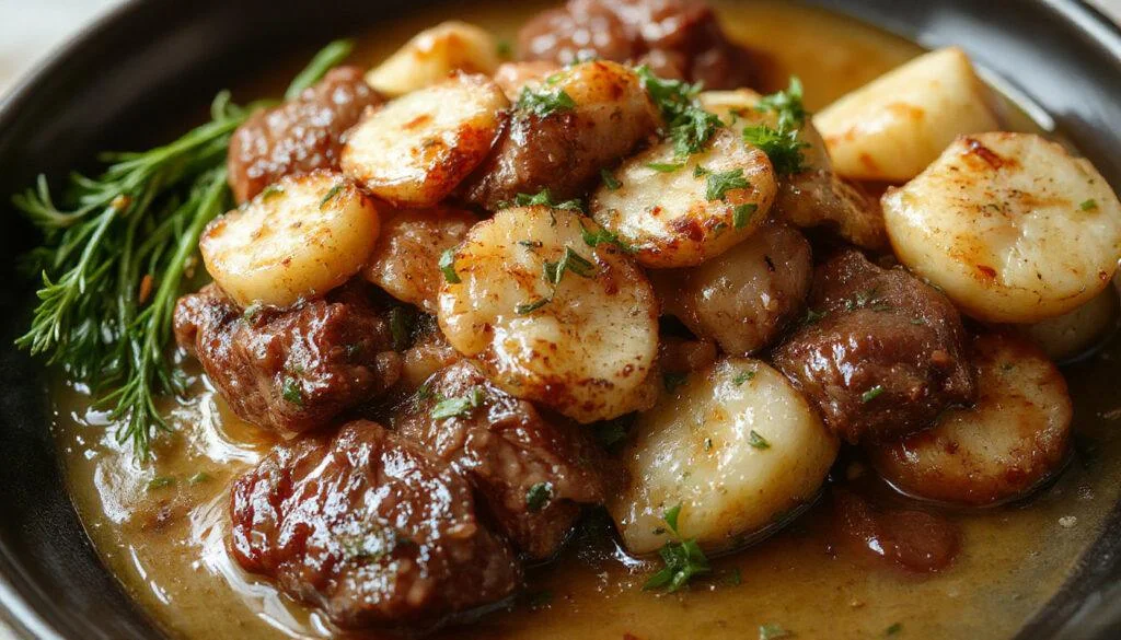 Ein herzhafter Kartoffel-Hackfleisch-Auflauf in einer Ofenform, mit goldbrauner Kruste, zarten Kartoffelscheiben, gewürzt mit Kräutern und frischer Petersilie, serviert auf einem rustikalen Holztisch.