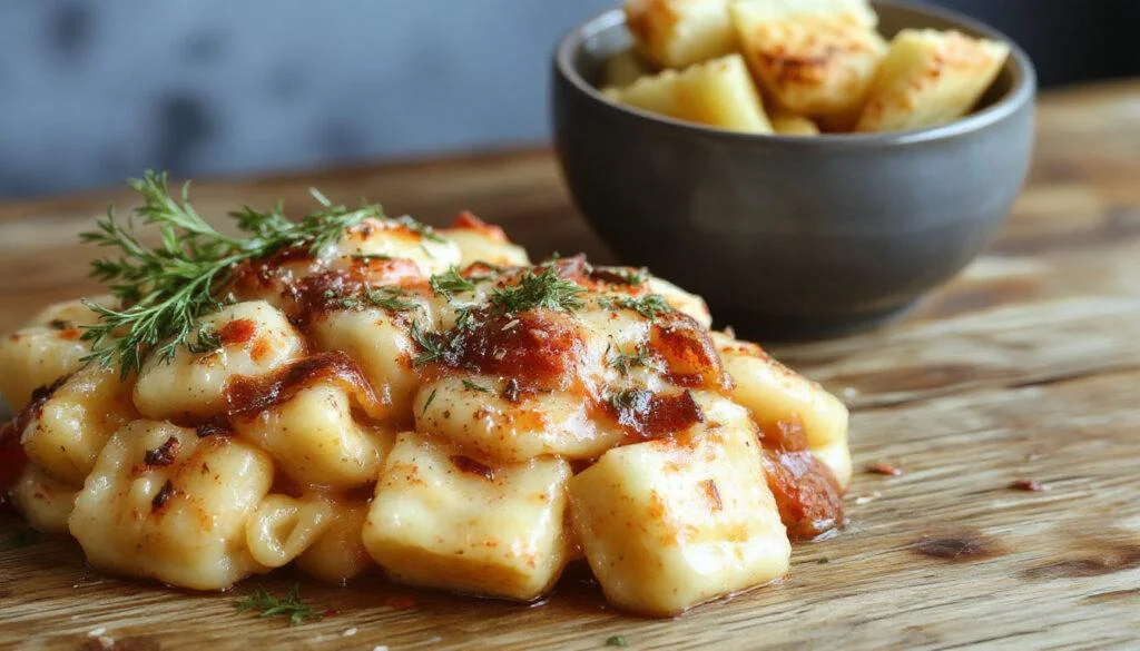 Ein Teller mit goldgelben Gnocchi, die in einer reichhaltigen, dunklen Gulaschsauce schwimmen, garniert mit frisch gehackter Petersilie und roten Paprikaflocken, serviert auf einem rustikalen Holztisch mit einem Löffel und einem kleinen Stück Sauerrahm an der Seite.