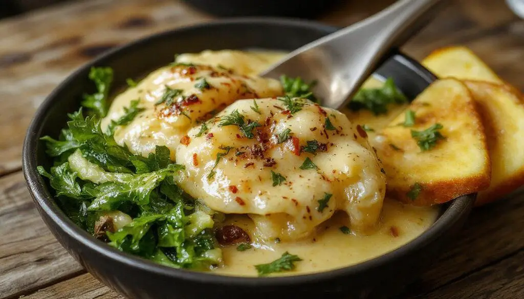 Ein Teller mit deftigem Pilzgulasch, bunten Pilzen in einer sämigen, dunkelbraunen Sauce, garniert mit frischer Petersilie, serviert auf einem rustikalen Holzbrett mit knusprigem Brot am Rand.