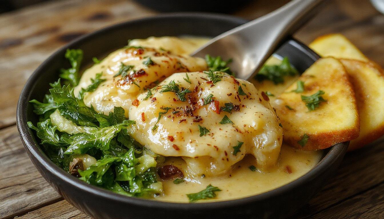 Ein Teller mit deftigem Pilzgulasch, bunten Pilzen in einer sämigen, dunkelbraunen Sauce, garniert mit frischer Petersilie, serviert auf einem rustikalen Holzbrett mit knusprigem Brot am Rand.