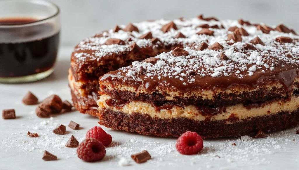 Eine reichhaltige Himbeer-Schoko-Brownie-Torte auf einem eleganten weißen Teller, mit glänzendem Schokoladenüberzug, frischen Himbeeren und Minzblättern als Garnitur, serviert auf einem dunklen Holztablett, umgeben von zarten Schokoladenraspeln.
