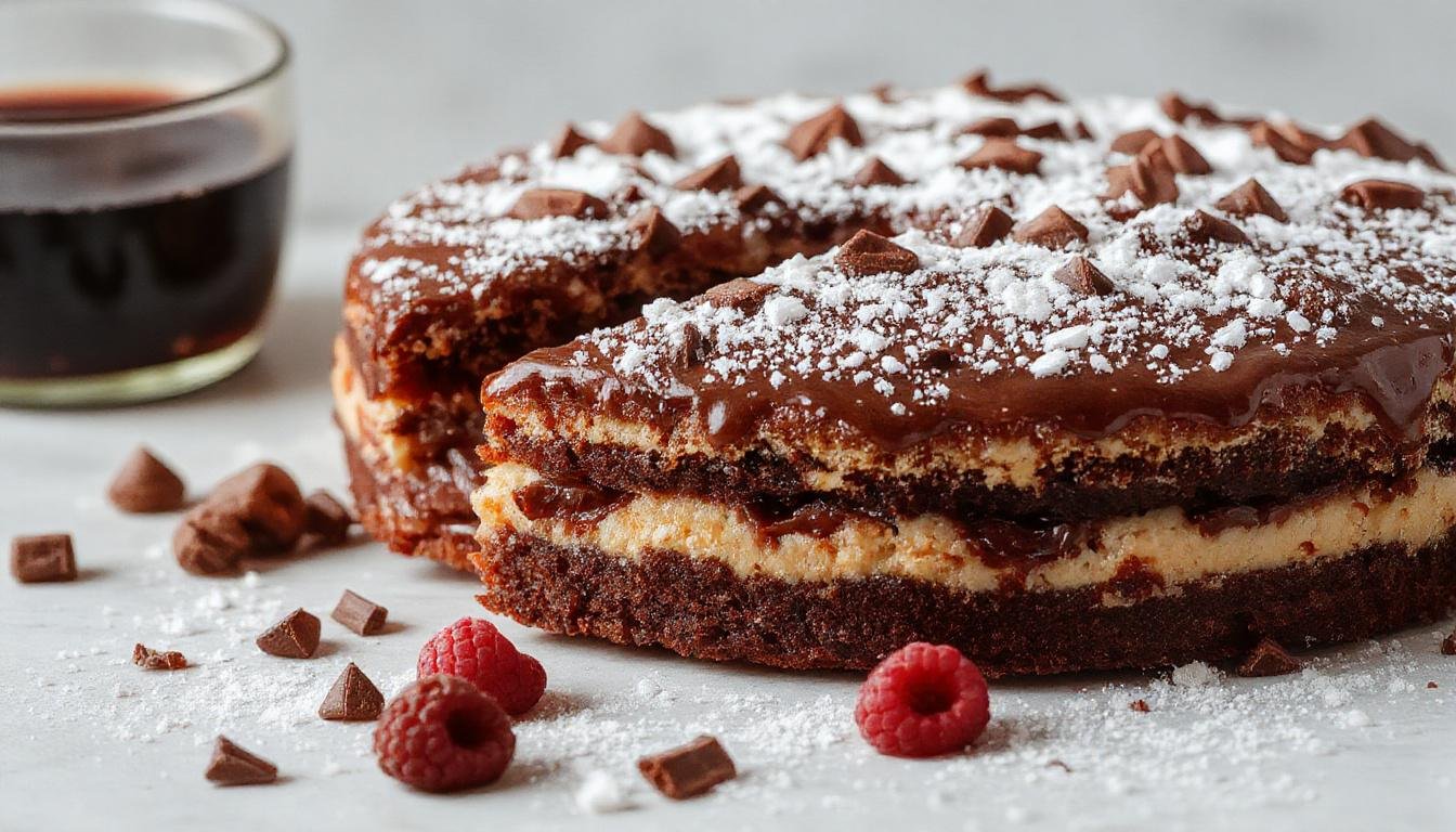 Eine reichhaltige Himbeer-Schoko-Brownie-Torte auf einem eleganten weißen Teller, mit glänzendem Schokoladenüberzug, frischen Himbeeren und Minzblättern als Garnitur, serviert auf einem dunklen Holztablett, umgeben von zarten Schokoladenraspeln.