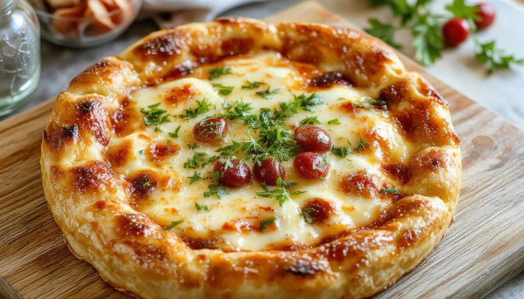 Ein goldbrauner Käsekuchen mit einer cremigen, glatten Oberfläche, perfekt gebacken. Der Kuchen ist auf einer eleganten weißen Platte serviert, mit einem leichten Frische-Mantel und einem kleinen Zweig Minze als Garnitur. Die Textur des Kuchens wirkt weich und sahnig, mit einem zarten Krust am Rand.