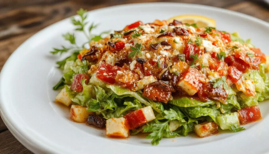 Ein bunter Taco-Salat auf einem weißen Teller, mit knackigem Salat, Mais, Tomaten, Avocado, geriebenem Käse und einem Klecks Schmand an der Seite. Der Salat ist farbenfroh und frisch, mit einer Vielzahl von Texturen und Aromen sichtbar, perfekt angerichtet in einer einladenden Präsentation.