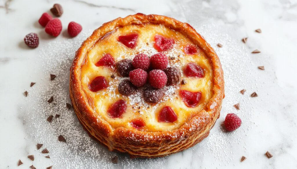 Ein frisch gebackener Pflaumenkuchen auf einem weißen Teller, mit goldbrauner Kruste und saftigen, dunkelvioletten Pflaumen, die auf der Oberfläche verteilt sind. Der Kuchen ist leicht staubzuckerbestäubt und sieht saftig und einladend aus, mit einer rustikalen, hausgemachten Präsentation.