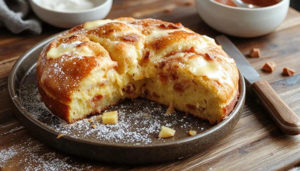Ein großer rechteckiger Blechkuchen mit goldbrauner Kruste, oben leicht gezuckert, mit frischen Beeren dekoriert, auf einer weißen Platte präsentiert.