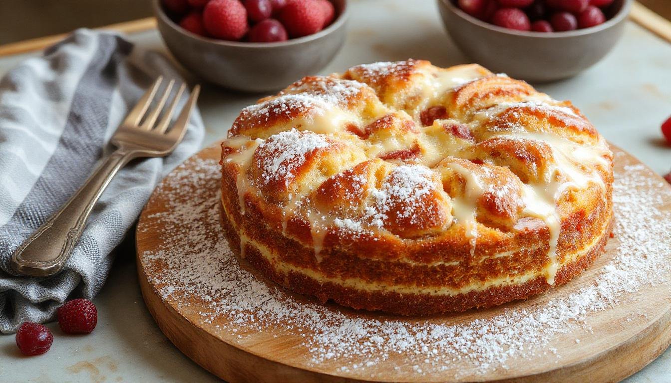 Ein frisch gebackener, goldbrauner Kuchen auf einem weißen Teller, dekoriert mit Puderzucker und frischen Beeren, im hellen Küchenhintergrund