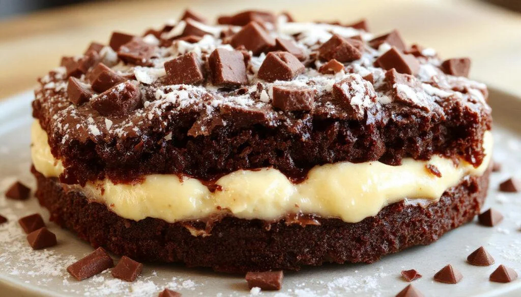 Ein saftiger Schokoladenkuchen mit einer glänzenden Schokoladenglasur, der auf einem weißen Teller präsentiert wird. Der Kuchen hat eine großzügige Schicht Schokolade oben und eine feine, zarte Textur, umgeben von einer eleganten, minimalistischen Bunten Deko.