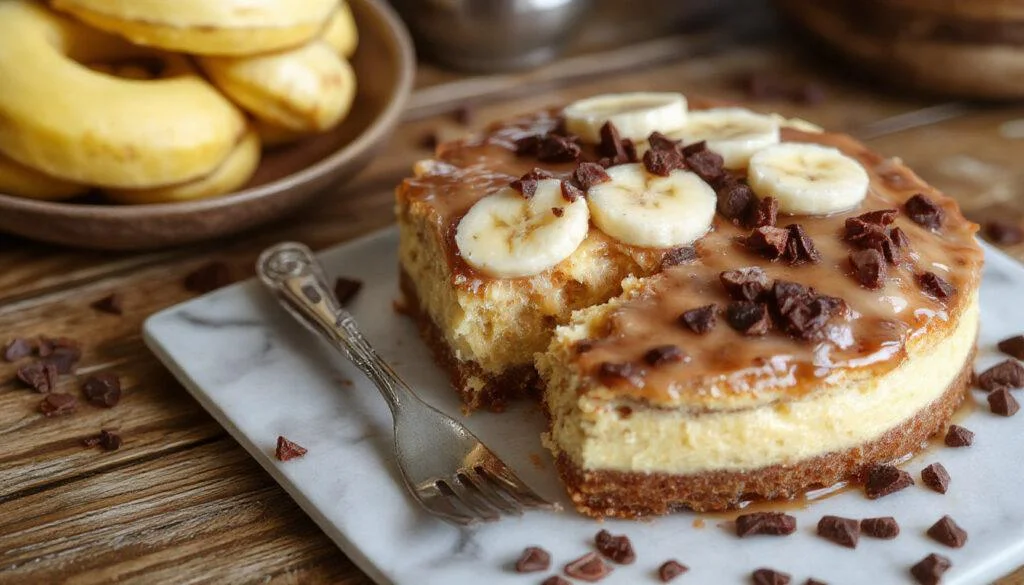 Eine schöne Torte mit mehreren Schichten, verziert mit Bananenscheiben, geschmolzener Schokoladenglasur und einem Klecks Schlagsahne, auf einem hellen Porzellan-Teller präsentiert. Die Oberfläche ist glatt und glänzend, mit bunten Fruchtstücken und Nüssen dekoriert.