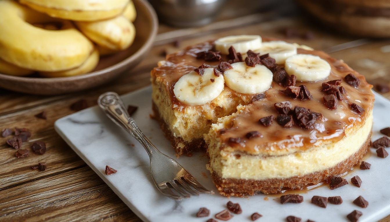 Eine schöne Torte mit mehreren Schichten, verziert mit Bananenscheiben, geschmolzener Schokoladenglasur und einem Klecks Schlagsahne, auf einem hellen Porzellan-Teller präsentiert. Die Oberfläche ist glatt und glänzend, mit bunten Fruchtstücken und Nüssen dekoriert.