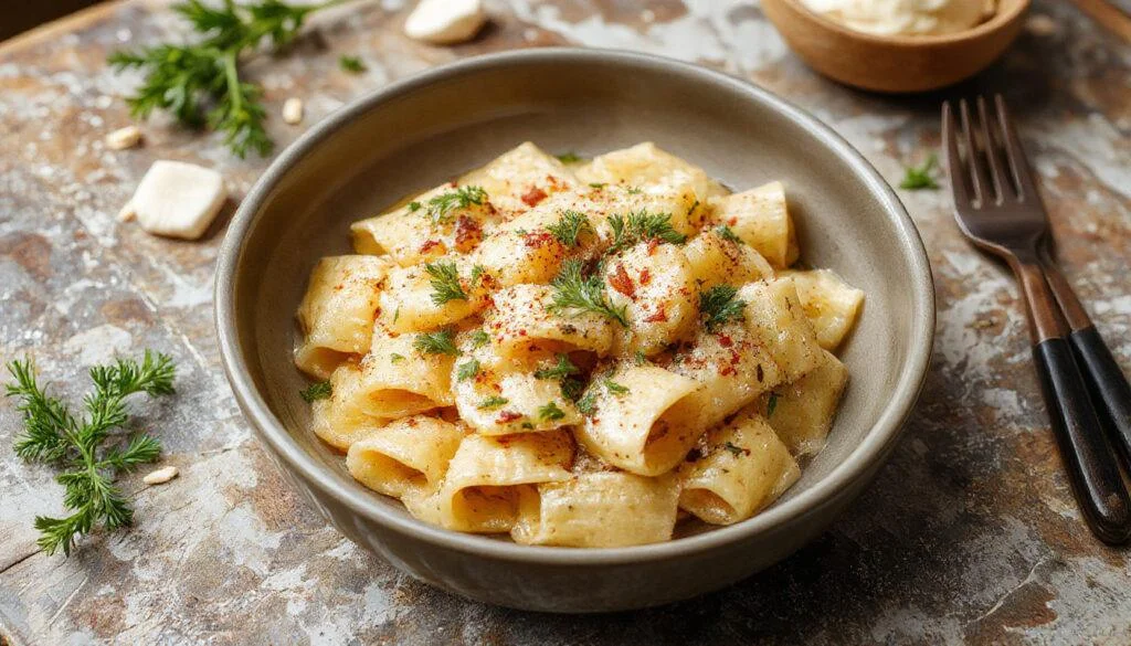 Eine köstliche Portion Hähnchen-Brokkoli-Pasta auf einem weißen Teller, mit saftigem Hähnchenstücken, frischem grünen Brokkoli und cremiger Soße, garnierte mit frisch geriebenem Parmesan und Petersilie, ansprechend angerichtet.