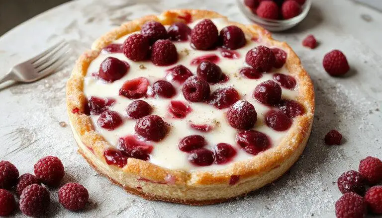 Eine elegante, mehrschichtige Himbeer-Joghurt-Torte ohne Backen, ĂŒppig mit frischen roten Himbeeren und cremigem Joghurt-Frosting, auf einem weiĂen Teller, mit einer dezenten Dekoration aus MinzblĂ€ttern und Puderzucker bestĂ€ubt, perfekt zur PrĂ€sentation im Vordergrund.