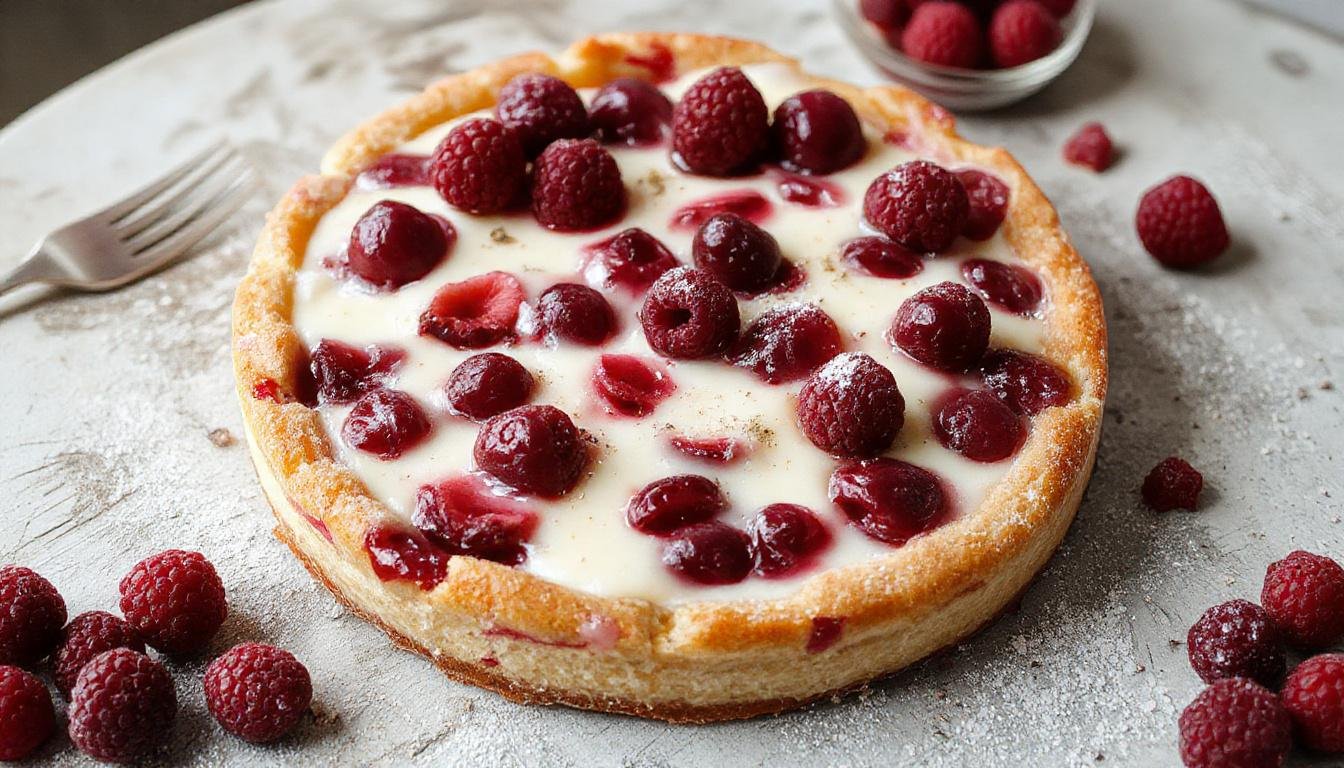 Eine elegante, mehrschichtige Himbeer-Joghurt-Torte ohne Backen, üppig mit frischen roten Himbeeren und cremigem Joghurt-Frosting, auf einem weißen Teller, mit einer dezenten Dekoration aus Minzblättern und Puderzucker bestäubt, perfekt zur Präsentation im Vordergrund.