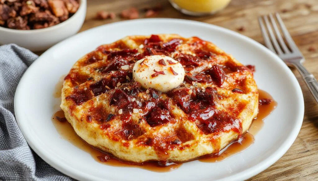 Hochwertige Käsewaffeln auf einem eleganten weißen Teller, goldbraun und knusprig, mit einer leichten Brise Frühlingszwiebeln und Käse, gut ausgeleuchtet und appetitlich angerichtet.